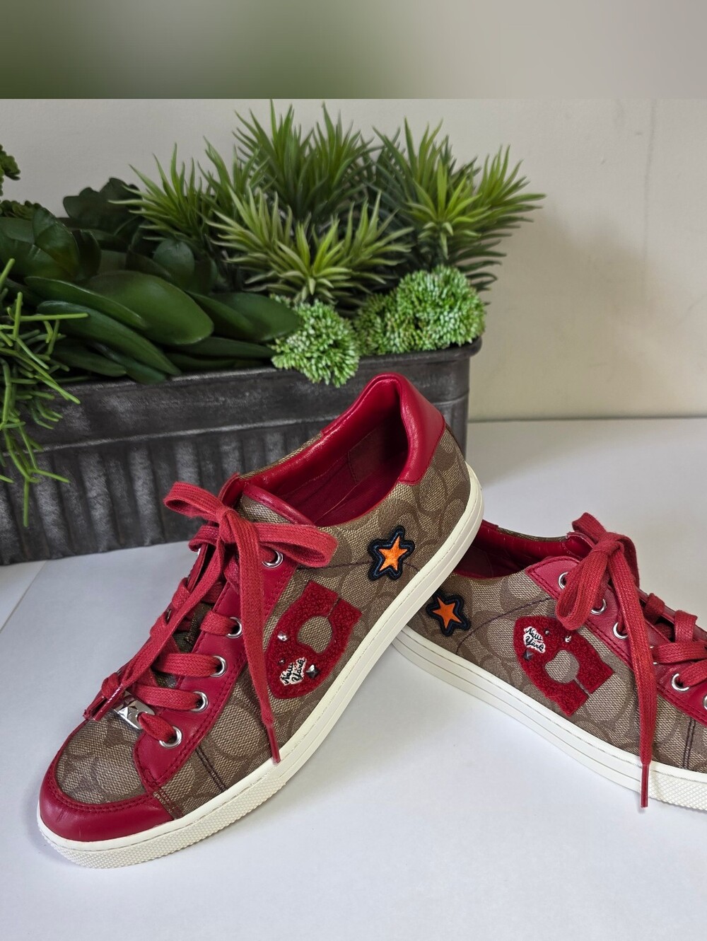Coach Porter Signature Sneakers Khaki Red Womens Size 8.5M